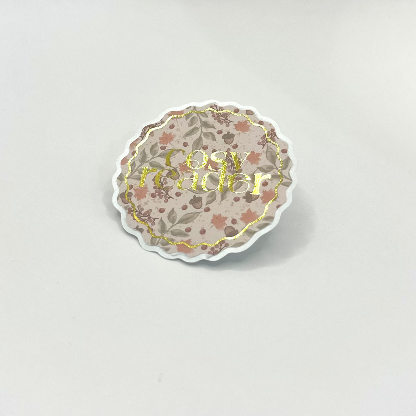 Aestetic autumn sticker with floral design and gold detail text 'cosy reader'. Side view
UK Small shop