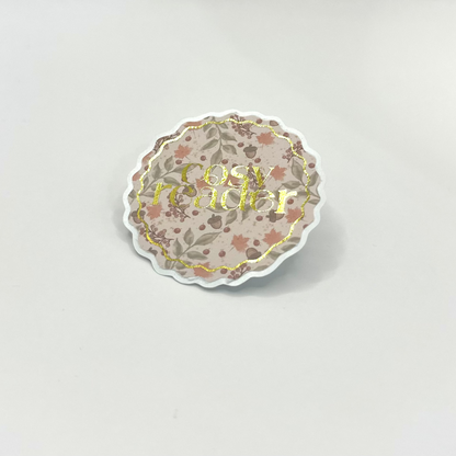 Aestetic autumn sticker with floral design and gold detail text 'cosy reader'. Side view
UK Small shop