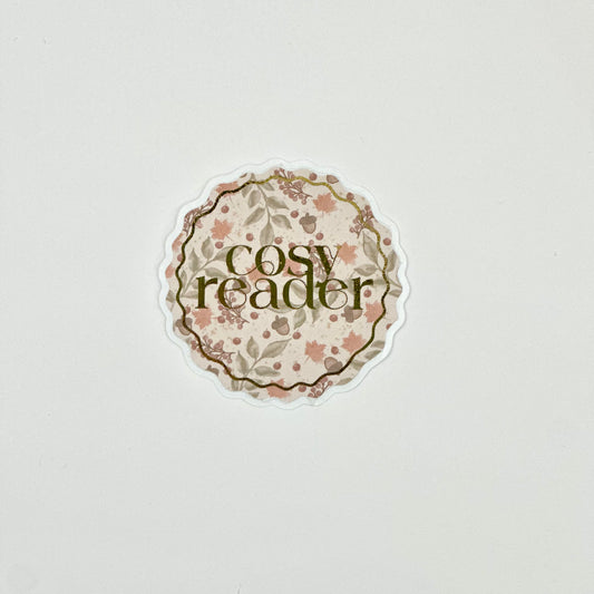 Aestetic autumn sticker with floral design and gold detail text 'cosy reader'. Side view
UK Small shop