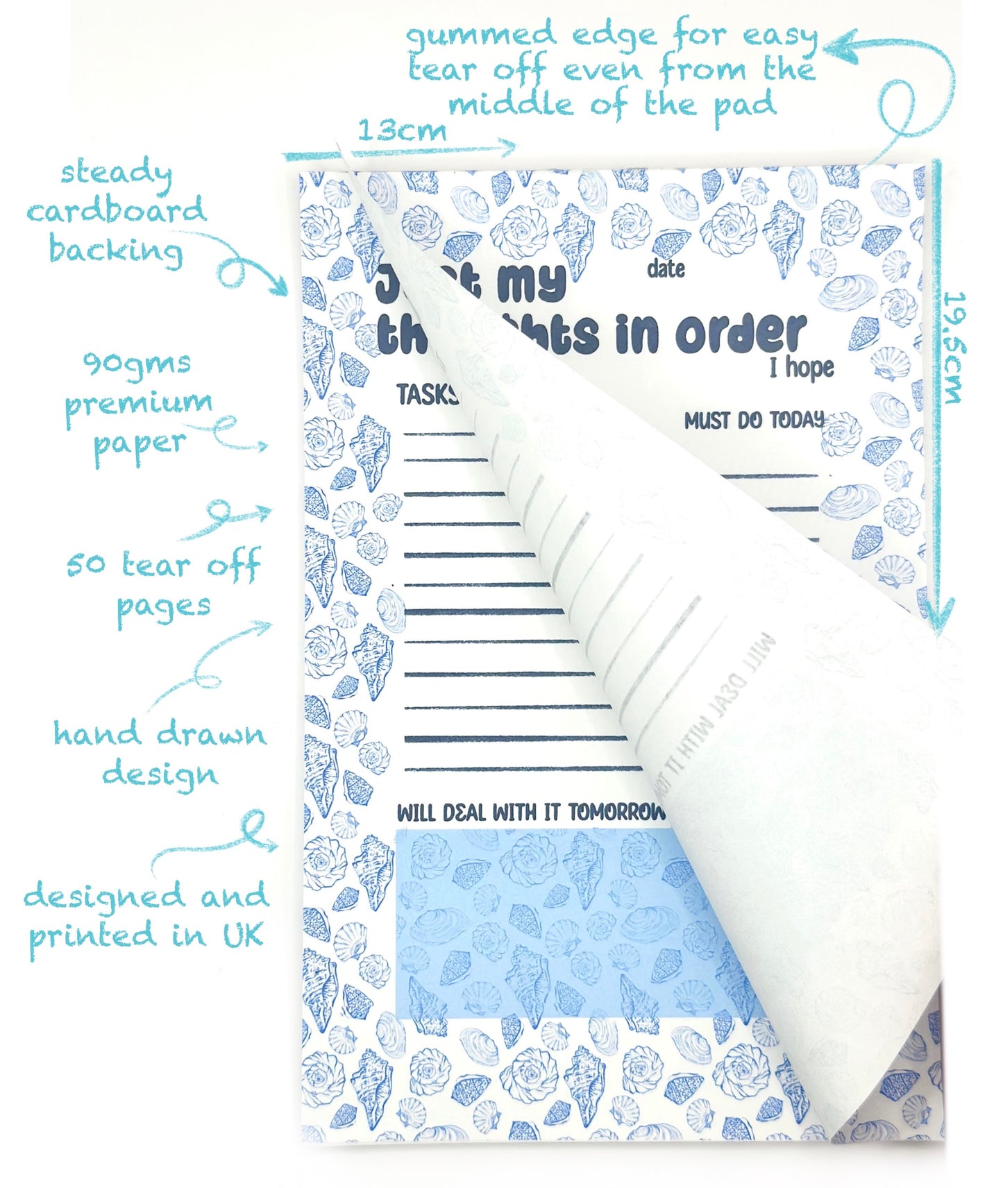 Notebook with coastal design and tear-off pages, featuring 'Just my thought in order' text and measurements.