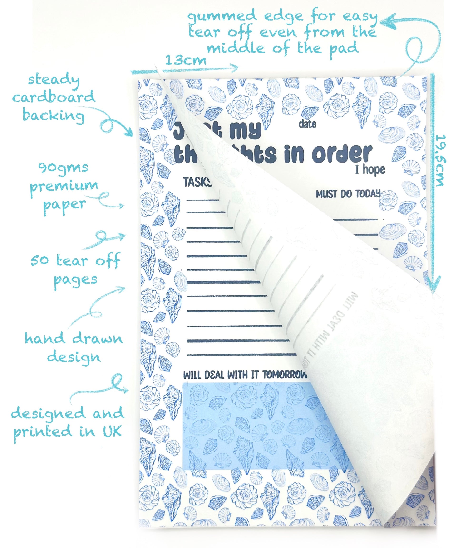 Notebook with coastal design and tear-off pages, featuring 'Just my thought in order' text and measurements.