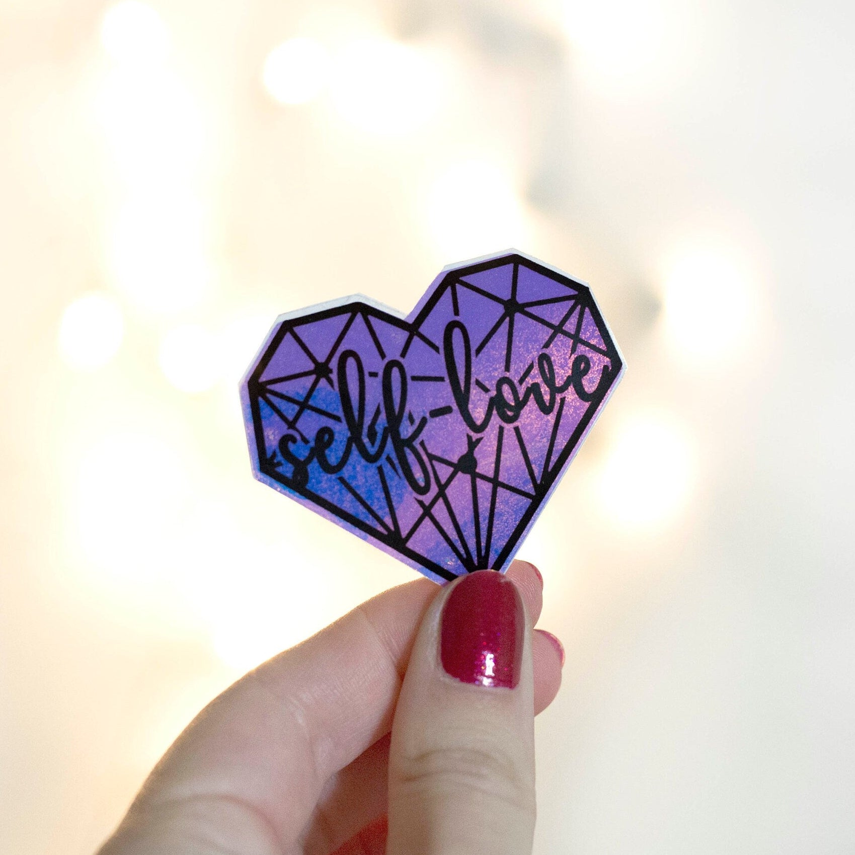 Purple geometric holographic aesthetic self love heart sticker. Frontal