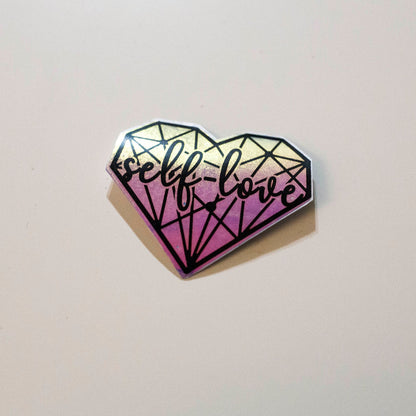 Purple holographic aesthetic self love heart sticker. Top view