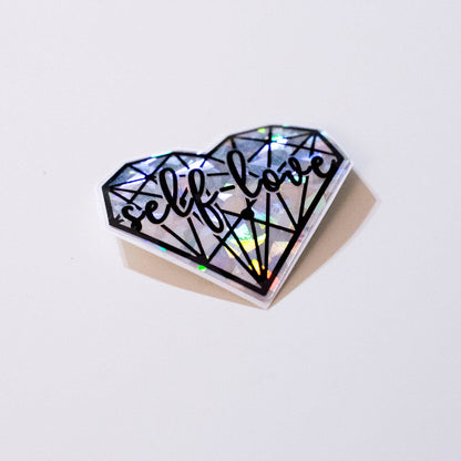 silver broken glass aesthetic self love heart sticker. side view