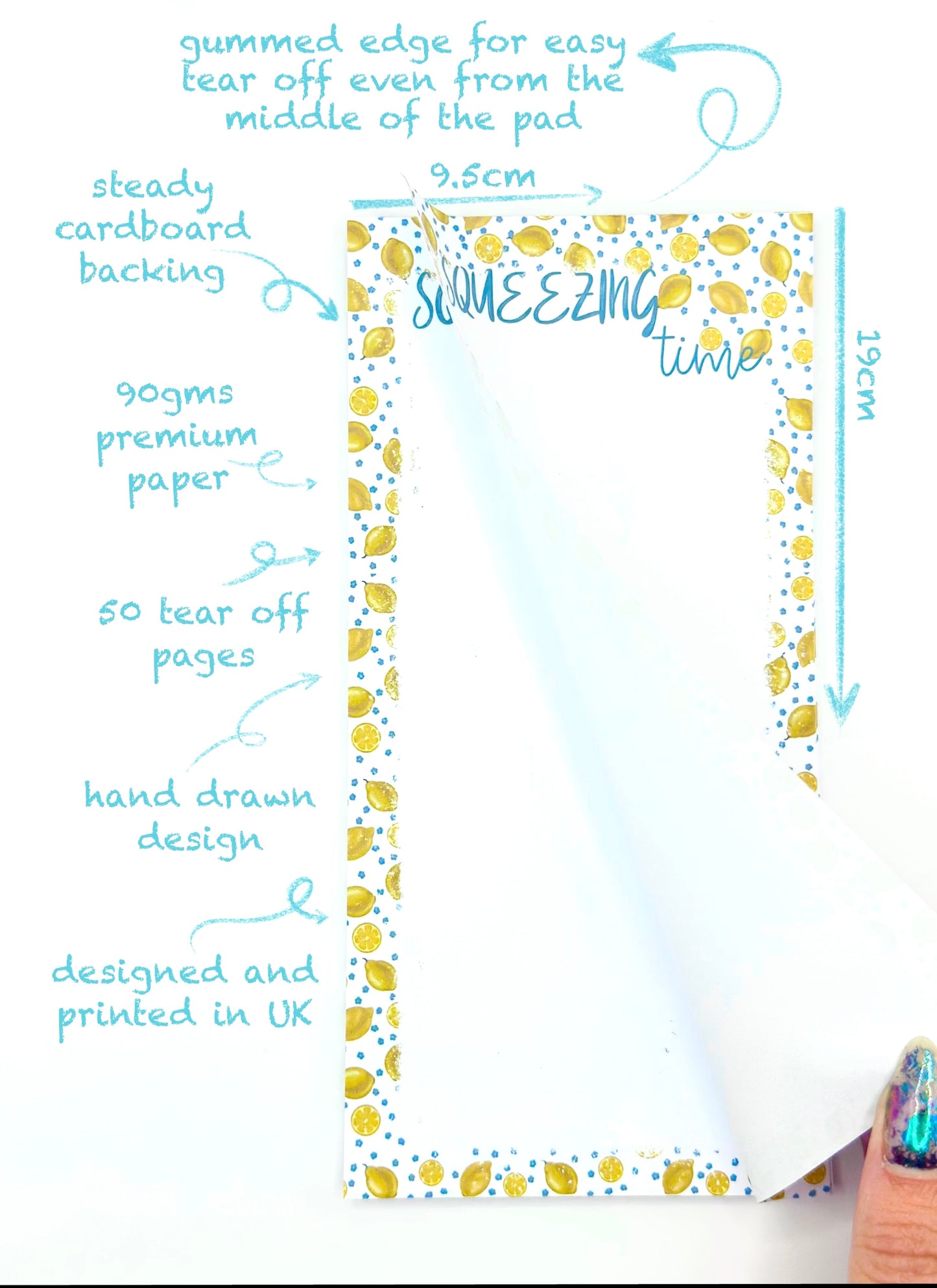 Notebook with lemon design and text squeezing time, detailing features on a white background