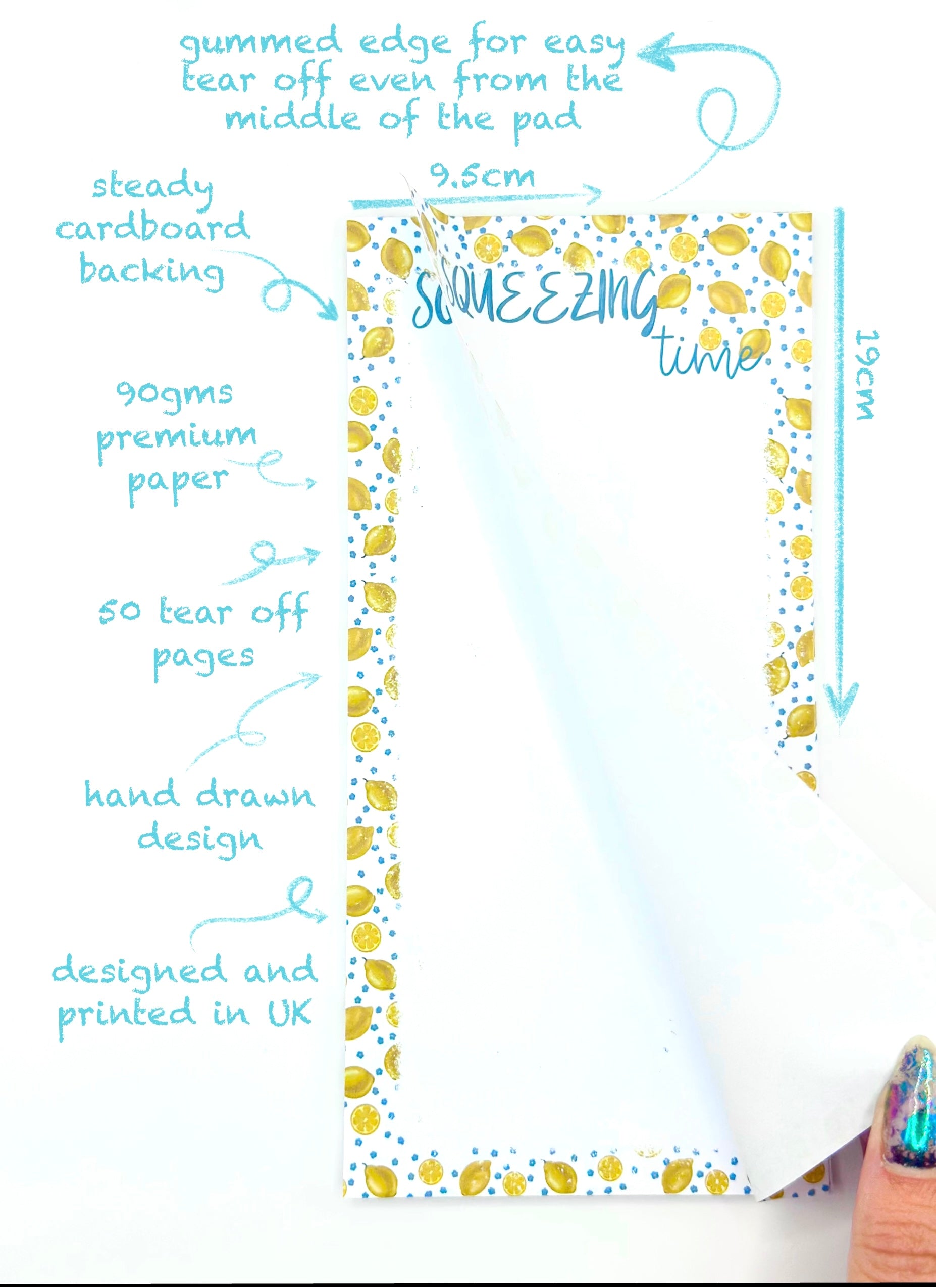 Notebook with lemon design and text squeezing time, detailing features on a white background