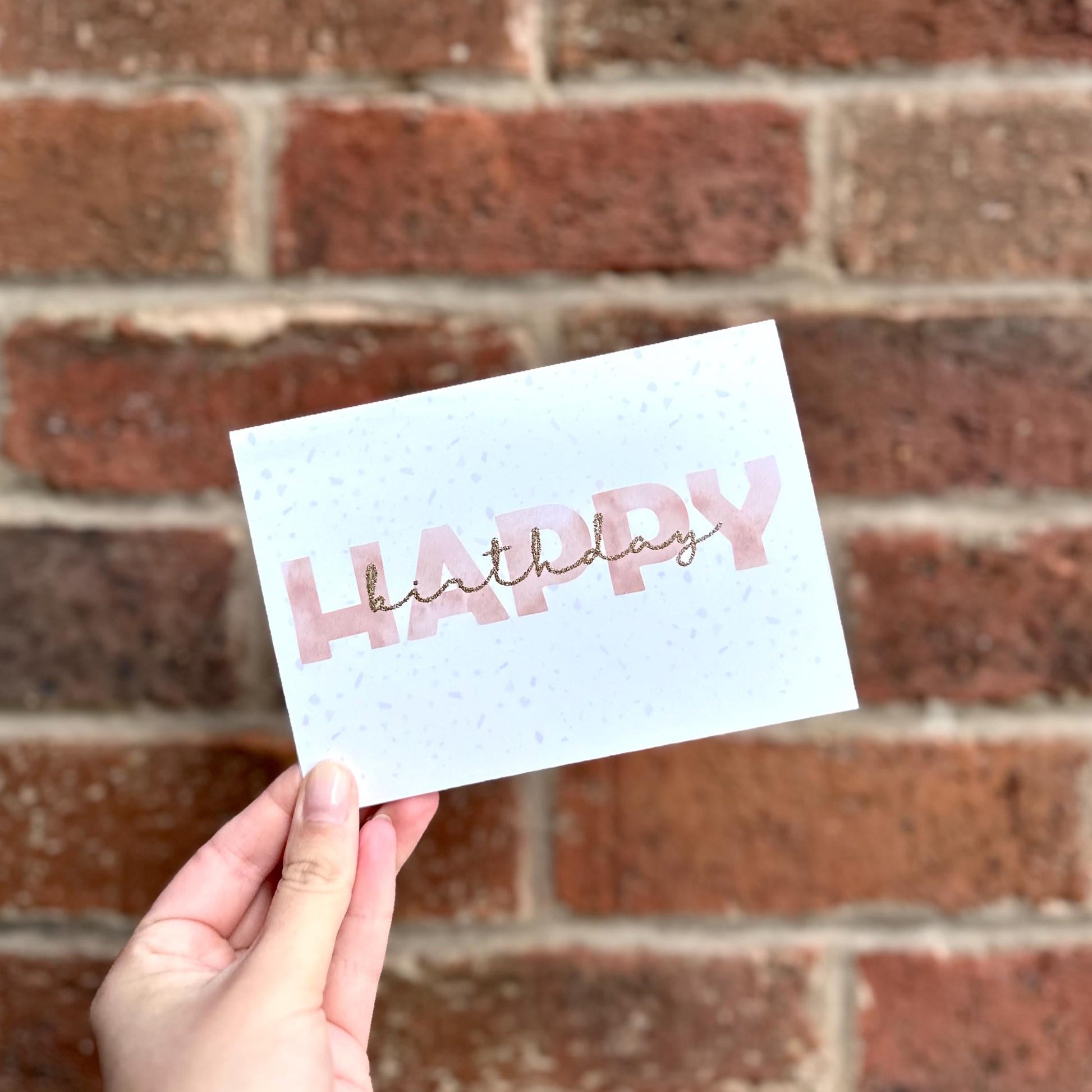 Aesthetic terrazzo detail Happy Birthday card with glitter  birthday text. Frontal 