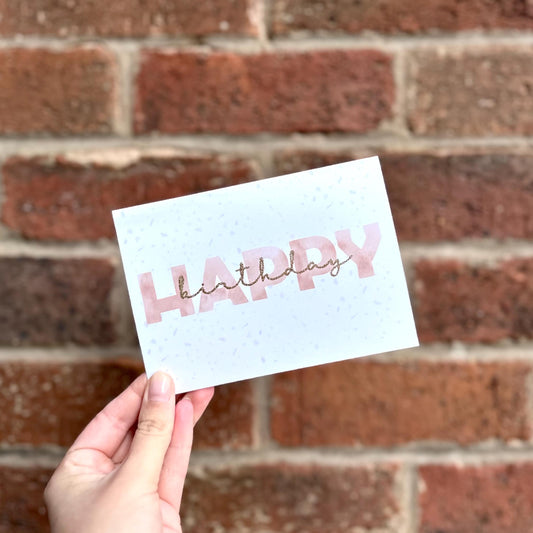 Aesthetic terrazzo detail Happy Birthday card with glitter  birthday text. Frontal 