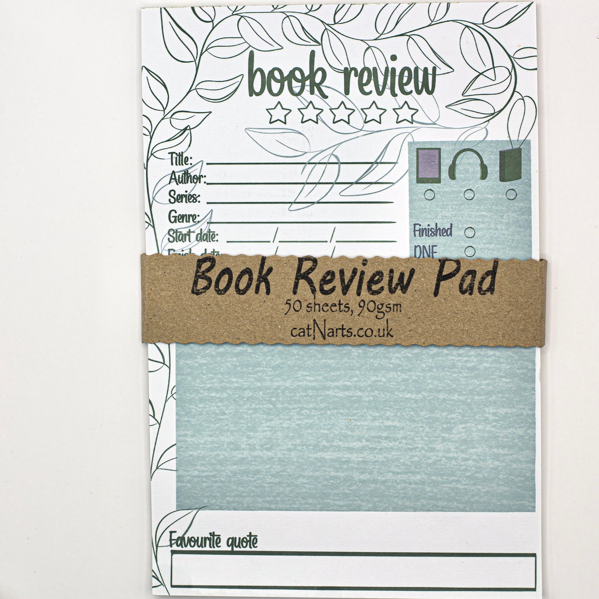 A book review pad with a craft paper band across the centre, reading 'Book Review Pad' 