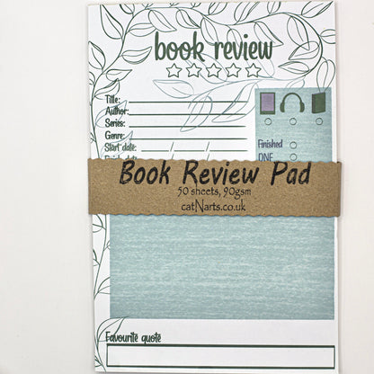 A book review pad with a craft paper band across the centre, reading 'Book Review Pad' 