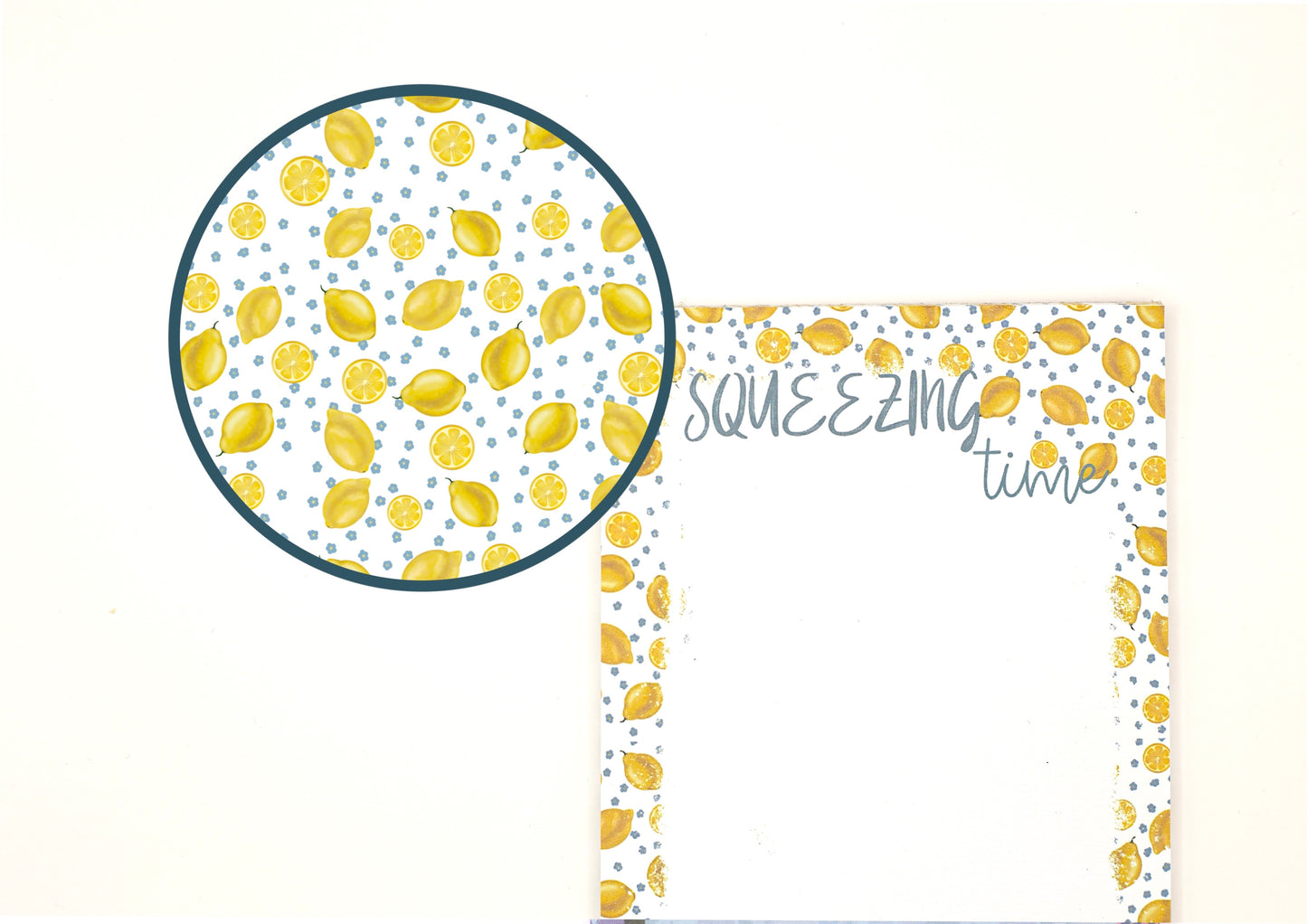 A notepad with a lemon pattern border on a white background, featuring a circular magnified inset showing the detailed lemon pattern.