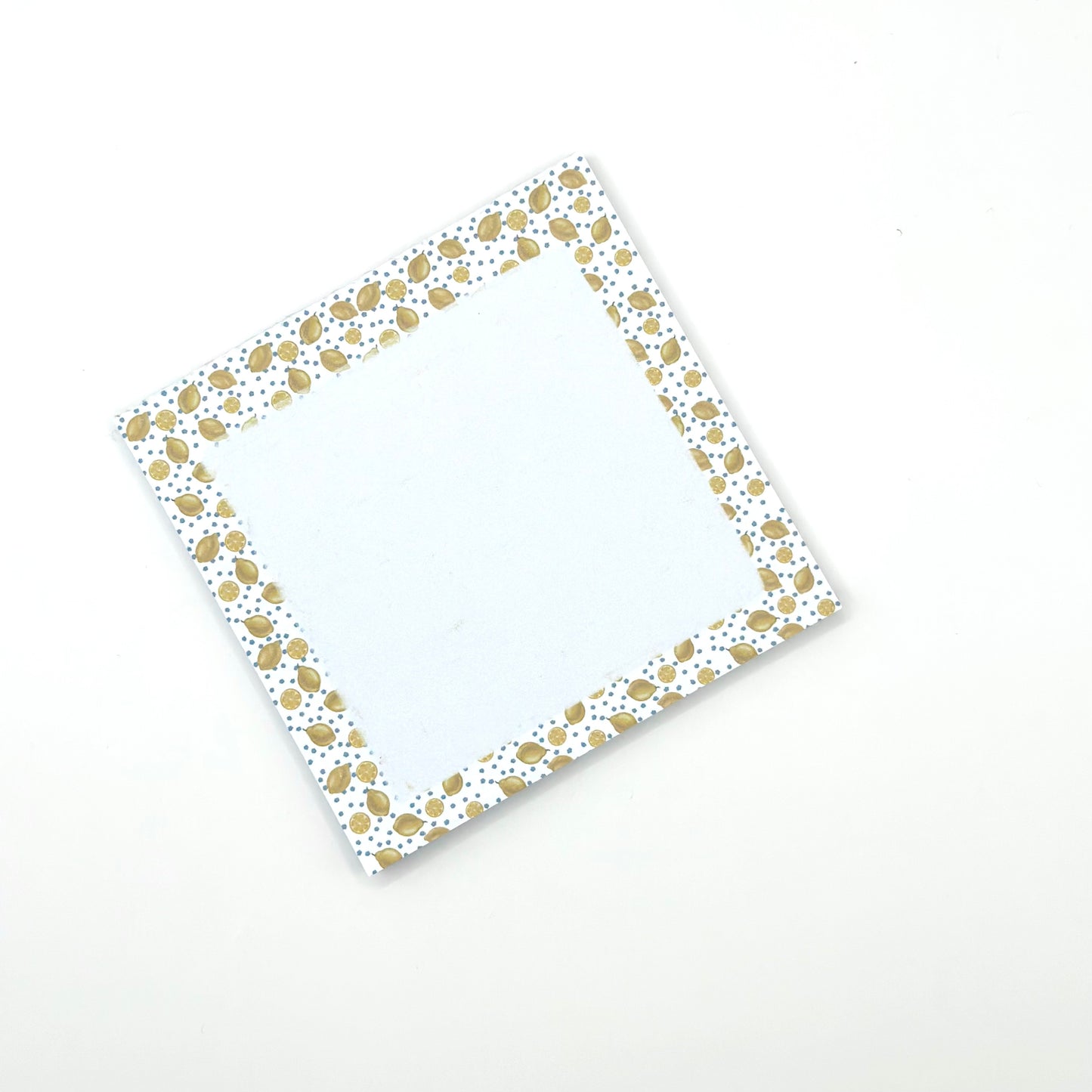 White square memo ad with lemon themed border on a white background