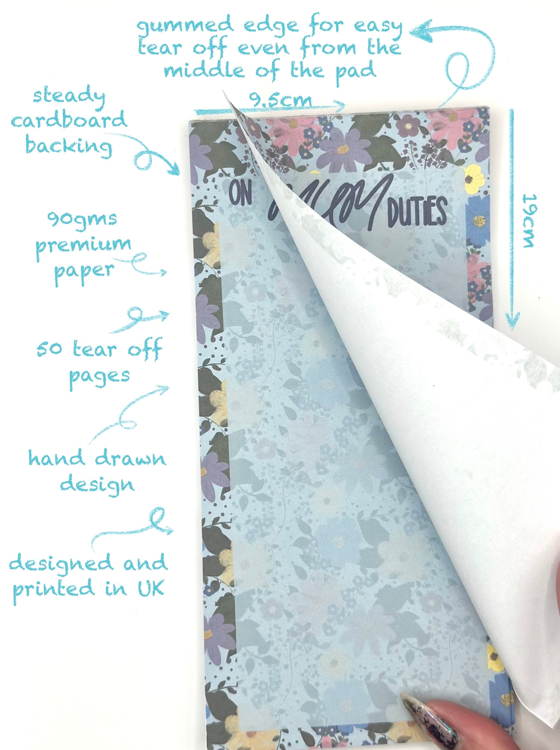 notepad with floral design and text on mum duties on white background