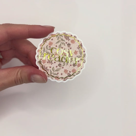 Aestetic autumn sticker with floral design and gold detail text 'cosy reader'. Side view
UK Small shop