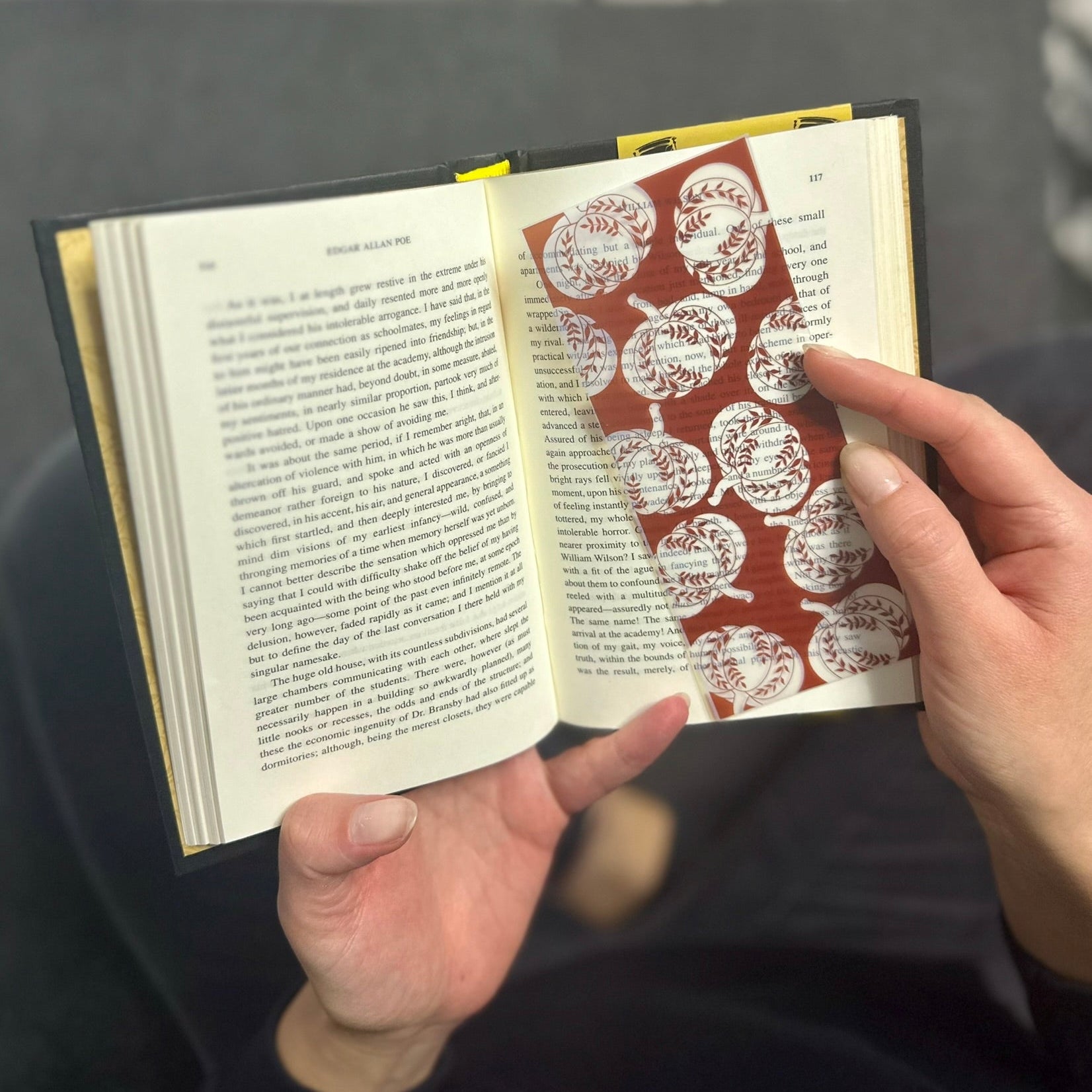 Person holding an open book with a decorative transparent bookmark with pumpkin patterns.